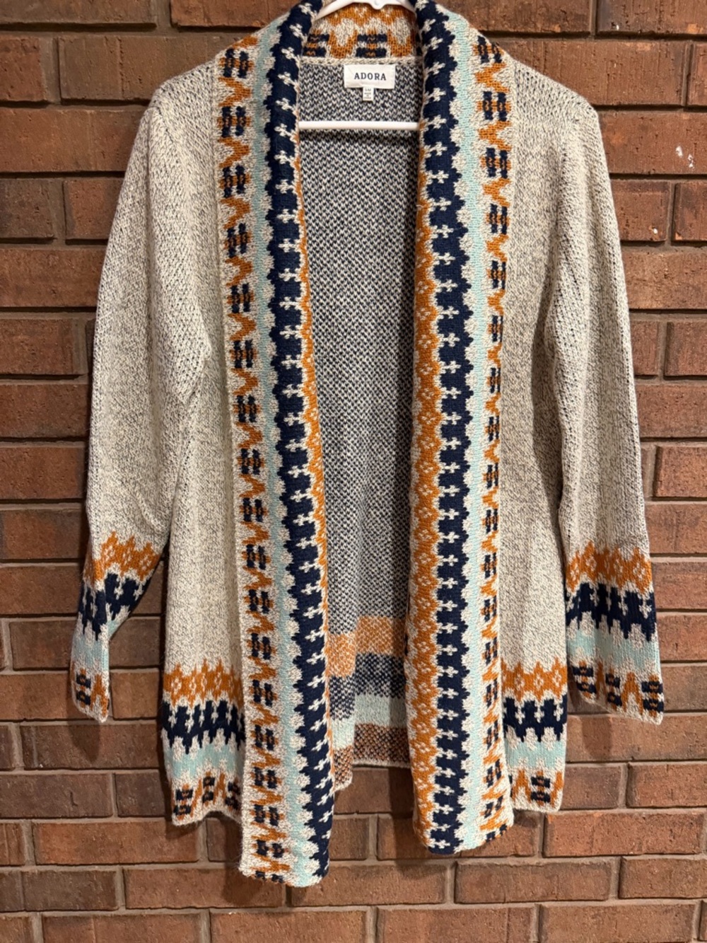 ADORA Open-Front Cardigan with Navy,turquoise, rust Trim S/M new Aztec tribal